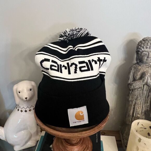 Carhartt new black & white knit Pom cuffed logo beanie. Brand new. Unisex. - Picture 1 of 3